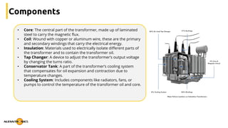 Components
• Core: The central part of the transformer, made up of laminated
steel to carry the magnetic flux.
• Coil: Wound with copper or aluminum wire, these are the primary
and secondary windings that carry the electrical energy.
• Insulation: Materials used to electrically isolate different parts of
the transformer and to contain the transformer oil.
• Tap Changer: A device to adjust the transformer’s output voltage
by changing the turns ratio.
• Conservator Tank: A part of the transformer’s cooling system
that compensates for oil expansion and contraction due to
temperature changes.
• Cooling System: Includes components like radiators, fans, or
pumps to control the temperature of the transformer oil and core.
 