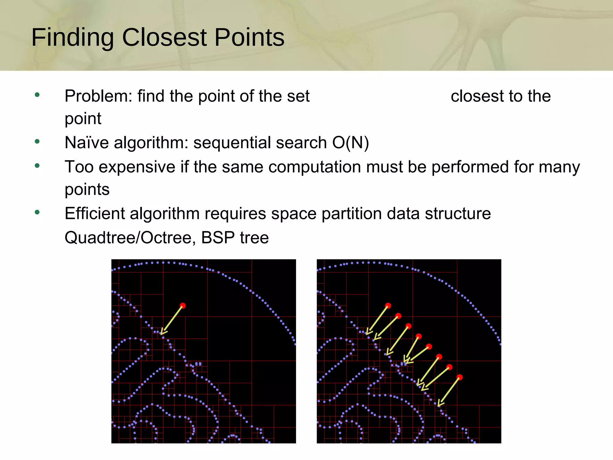 Problem: find the point of the set  closest to the point  Naïve algorithm: sequential search O(N) Too expensive if the same computation must be performed for many points Efficient algorithm requires space partition data structure Quadtree/Octree, BSP tree Finding Closest Points 