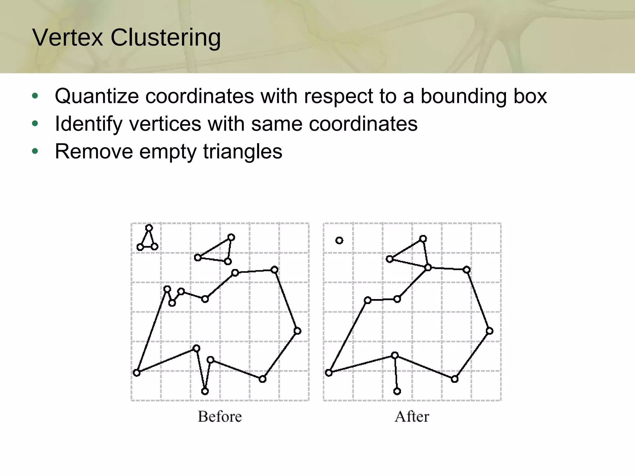 Quantize coordinates with respect to a bounding box Identify vertices with same coordinates Remove empty triangles Vertex Clustering 