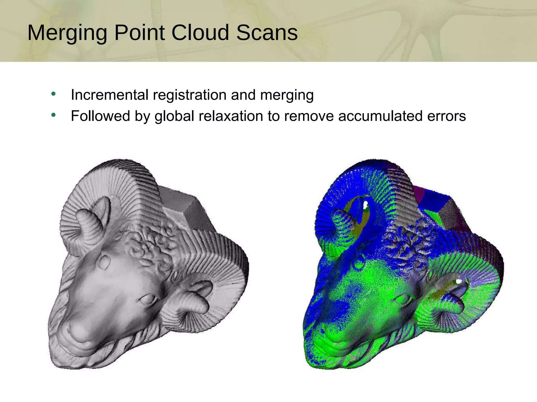 Merging Point Cloud Scans Incremental registration and merging Followed by global relaxation to remove accumulated errors 