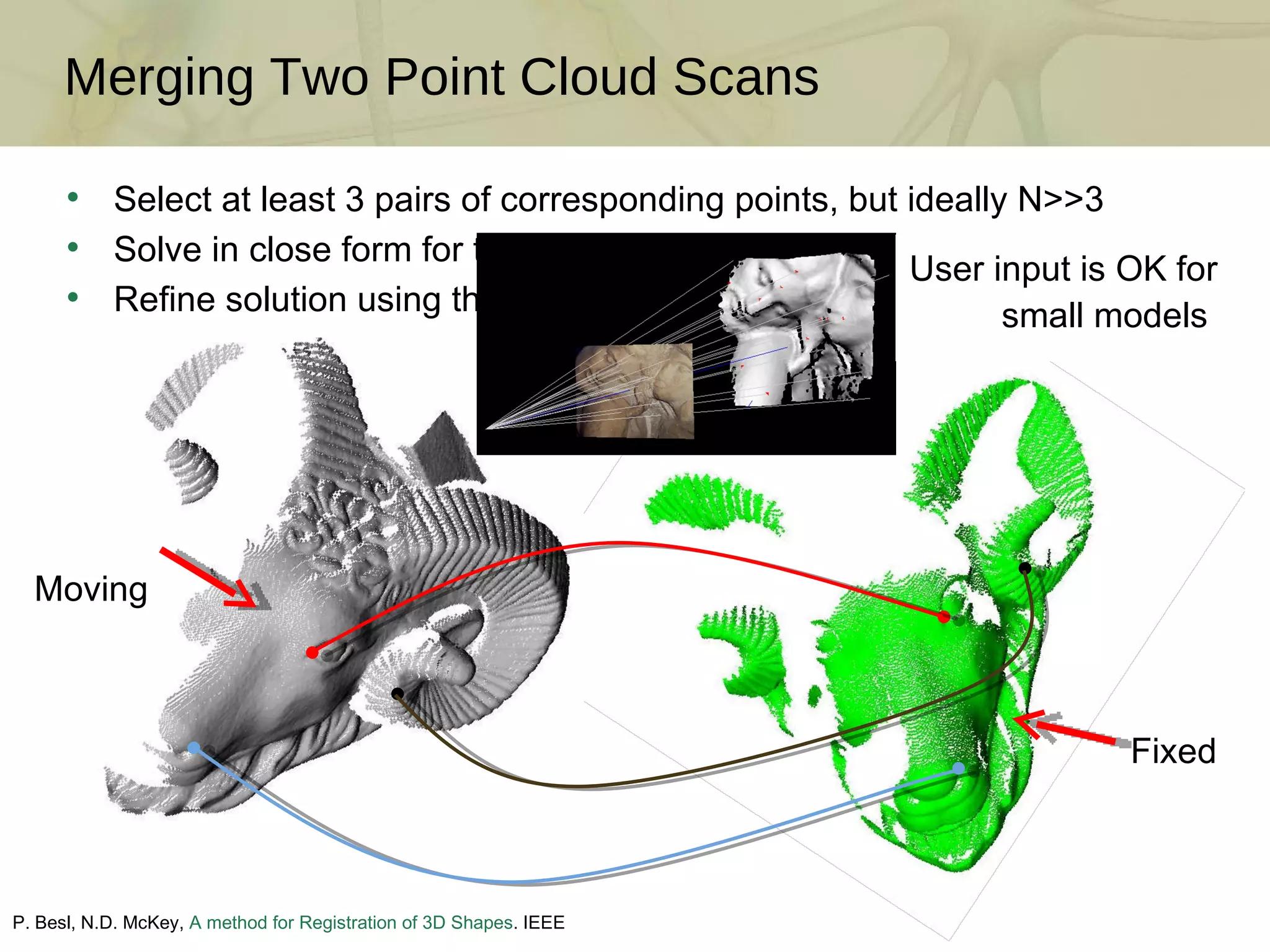 Merging Two Point Cloud Scans Select at least 3 pairs of corresponding points, but ideally N>>3 Solve in close form for the matching rigid body transformation Refine solution using the Iterative Closest Point Algorithm (ICP) User input is OK for small models  Moving Fixed P. Besl, N.D. McKey,  A method for Registration of 3D Shapes . IEEE Transactions on PAMI, 1992 