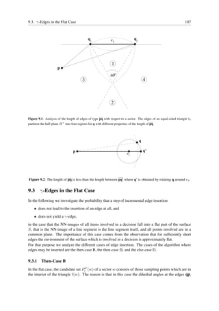 9.3. γ-Edges in the Flat Case                                                                                      107



                                               q1                e3                q
                                                                                     2




                                                                 1
                       p
                                                                60Ο
                                          3                                                  4



                                                                 2


Figure 9.1: Analysis of the length of edges of type pq with respect to a sector. The edges of an equal-sided triangle t0
partition the half-plane H + into four regions for q with different properties of the length of pq.




                                                                                         q

                                   p                                                         q’
                                                                             e3




Figure 9.2: The length of pq is less than the length between pq′ where q′ is obtained by rotating q around e3 .


9.3 γ-Edges in the Flat Case
In the following we investigate the probability that a step of incremental edge insertion
    • does not lead to the insertion of an edge at all, and
    • does not yield a γ-edge,
in the case that the NN-images of all items involved in a decision fall into a ﬂat part of the surface
S, that is the NN-image of a line segment is the line segment itself, and all points involved are in a
common plane. The importance of this case comes from the observation that for sufﬁciently short
edges the environment of the surface which is involved in a decision is approximately ﬂat.
For that purpose we analyze the different cases of edge insertion. The cases of the algorithm where
edges may be inserted are the then-case B, the then-case D, and the else-case D.

9.3.1     Then-Case B
In the ﬂat case, the candidate set PcF (w) of a sector w consists of those sampling points which are in
the interior of the triangle t(w). The reason is that in this case the dihedral angles at the edges qp,
 