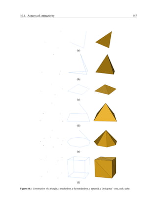 10.1. Aspects of Interactivity                                                                                          147




                                                            (a)




                                                            (b)




                                                            (c)




                                                            (d)




                                                            (e)




                                                            (f)

Figure 10.1: Construction of a triangle, a tetrahedron, a ﬂat tetrahedron, a pyramid, a ”polygonal” cone, and a cube.
 