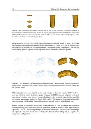 150                                                                      Chapter 10: Interactive (Re-)construction




Figure 10.6: The reconstruction of cylindrical structures. Left: the point set with its clustered 1-environment graph and the
ﬁnal reconstruction without user interaction. Middle: the rings of graph edges have been connected by user interaction so
that the cylindrical structure could be reconstructed. Right: the EMST has been taken as surface description graph which is
also sufﬁcient in order to reconstruct this type of object.



is represented by the point rings. If the clustered 1-environment graph is used as surface description
graph, every point ring describes a single circular surface part, cf. Figure 10.6 (left). If the point rings
are connected by the user with two edges (magenta) as shown in Figure 10.6 (middle), the structure
for a complete cylinder is given, and the algorithm indeed constructs a complete cylinder.




Figure 10.7: Top: Two parts of a surface have been sampled individually. The reconstruction yields two disjoint surface
meshes. Bottom: Just one single edge (magenta) between points of the two parts must be inserted in order to combine both
parts to a single surface.


Additionally, this cylindrical object is also a good example to show that even the EMST itself is a
good and sufﬁcient surface description graph. Because the EMST connects all points with graph
edges it assures that the point rings are connected with each other so that the reconstruction algorithm
can generate a connected surface, cf. Figure 10.6 (right). This example shows that in interactive
environments the EMST and the clustered 1-environment graph might be applied by the user.

Another situation of simple user interaction is shown in Figures 10.7 and 10.8 where two surfaces are
joined by inserting just a single but signiﬁcant graph edge. The SDG displayed in the upper middle of
Figures 10.7 and 10.8 does yield just edges in order to reconstruct the surfaces for the left and right
part separately. The lower middle part of both Figures shows that by inserting only one edge the two
surface parts can be joined.
 