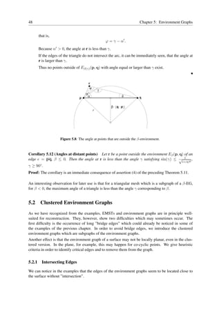 48                                                                         Chapter 5: Environment Graphs


        that is,
                                                      ϕ = γ − α′ .
        Because α′ > 0, the angle at r is less than γ.
        If the edges of the triangle do not intersect the arc, it can be immediately seen, that the angle at
        r is larger than γ.
        Thus no points outside of Eβ(γ) (p, q) with angle equal or larger than γ exist.


                                         r
                                          ϕ
                                                  γ
                                       α’
                                  p     α                          δ       q

                                                         β . | |q p | |
                                              r




                      Figure 5.8: The angle at points that are outside the β-environment.



Corollary 5.12 (Angles at distant points) Let r be a point outside the environment Eβ (p, q) of an
edge e = pq, β ≤ 0. Then the angle at r is less than the angle γ satisfying sin(γ) ≤ √ 1 2 ,
                                                                                                     1+4β
γ ≥ 90◦ .
Proof: The corollary is an immediate consequence of assertion (4) of the preceding Theorem 5.11.

An interesting observation for later use is that for a triangular mesh which is a subgraph of a β-EG,
for β < 0, the maximum angle of a triangle is less than the angle γ corresponding to β.


5.2 Clustered Environment Graphs
As we have recognized from the examples, EMSTs and environment graphs are in principle well-
suited for reconstruction. They, however, show two difﬁculties which may sometimes occur. The
ﬁrst difﬁculty is the occurrence of long ”bridge edges” which could already be noticed in some of
the examples of the previous chapter. In order to avoid bridge edges, we introduce the clustered
environment graphs which are subgraphs of the environment graphs.
Another effect is that the environment graph of a surface may not be locally planar, even in the clus-
tered version. In the plane, for example, this may happen for co-cyclic points. We give heuristic
criteria in order to identify critical edges and to remove them from the graph.


5.2.1     Intersecting Edges

We can notice in the examples that the edges of the environment graphs seem to be located close to
the surface without ”intersection”.
 