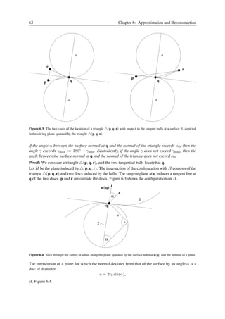 62                                                                 Chapter 6: Approximation and Reconstruction




                                   a                                                               a

               r
                                                                                                                  r

                                                                            p
           p                   q                                                               q



                             a                                                                a




Figure 6.3: The two cases of the location of a triangle △(p, q, r) with respect to the tangent balls at a surface S, depicted
in the slicing plane spanned by the triangle △(p, q, r).


If the angle α between the surface normal at q and the normal of the triangle exceeds α0 , then the
angle γ exceeds γmax := 180◦ − γmin . Equivalently, if the angle γ does not exceed γmax , then the
angle between the surface normal at q and the normal of the triangle does not exceed α0 .
Proof: We consider a triangle △(p, q, r), and the two tangential balls located at q.
Let H be the plane induced by △(p, q, r). The intersection of the conﬁguration with H consists of the
triangle △(p, q, r) and two discs induced by the balls. The tangent plane at q induces a tangent line at
q of the two discs. p and r are outside the discs. Figure 6.3 shows the conﬁguration on H.

                                                      n ( q)

                                                               α
                                                                                 S
                                                           q

                                                                   a

                                                   2 r0


                                                           α


Figure 6.4: Slice through the center of a ball along the plane spanned by the surface normal n(q) and the normal of a plane.

The intersection of a plane for which the normal deviates from that of the surface by an angle α is a
disc of diameter
                                           a = 2r0 sin(α),
cf. Figure 6.4.
 