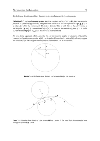 7.2. Intersection-free Embeddings                                                                                 75


The following deﬁnition combines the concept of a-conﬂictness with β-environments.

Deﬁnition 7.17 (a-β-environment graph) Let S be a surface and a : S×S → I + be a non-negative
                                                                                  R
function, P a ﬁnite set of points on S. The graph with vertex set P and line segments s = pq, p, q ∈ P ,
                                          ′
as edges, for which the environments Eβ,a (a) := Eβ (s) ∪ E(s, a) with E(s, a) the ball centered at
the midpoint 1 (p + q) of s and radius r′ (s) = 1 l(s) + 2a(s), do not contain any point of P , is called
              2                                  2
                             ′
a-β-environment graph. Eβ,a (a) is denoted as a-β-environment.

We now derive arguments which show that for a-β-environment graphs, or subgraphs of them like
clustered a-β-environment graphs which can be deﬁned immediately, with sufﬁciently short edges,
the ratio a(s)/l(s) for a(s) guaranteeing intersection-freeness can be made small.


                                                         h
                                        a/2
                                                         c

                                       r                 r−h




                  Figure 7.4: Calculation of the distance h of a chord of length a to the circle.




                                                r
                                                                     q
                                                r
                                                               q’
                                                    r’                          S
                                  p        p’




Figure 7.5: Estimation of the distance of a line segment pq from a surface S. The ﬁgure shows the conﬁguration in the
slicing plane spanned by p, q and r.
 