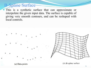 B-Spline Surface
 This is a synthetic surface that can approximate or
interpolate the given input data. The surface is capable of
giving very smooth contours, and can be reshaped with
local controls.
13
 