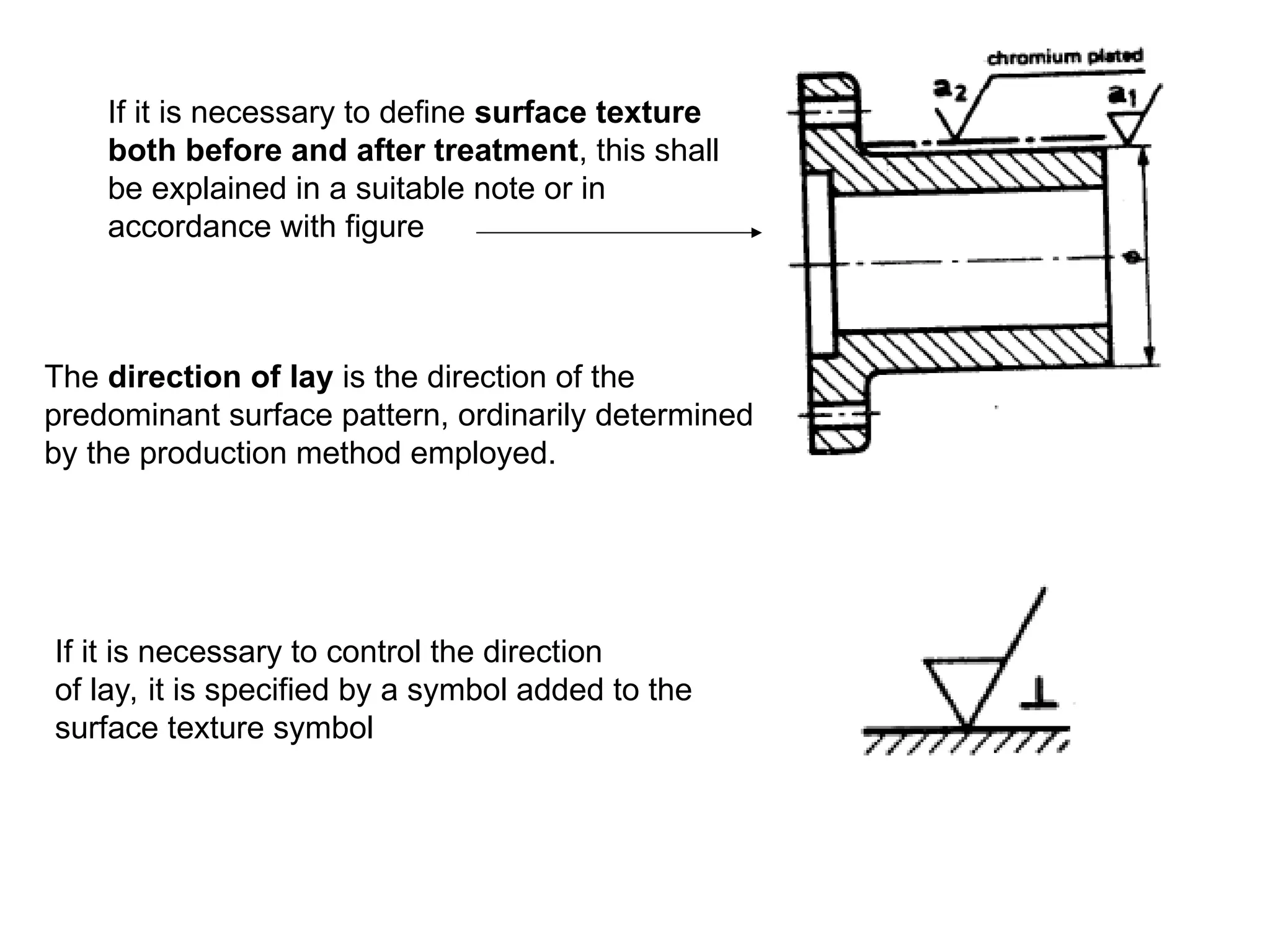 If it is necessary to define surface texture
both before and after treatment, this shall
be explained in a suitable note or in
accordance with figure
The direction of lay is the direction of the
predominant surface pattern, ordinarily determined
by the production method employed.
If it is necessary to control the direction
of lay, it is specified by a symbol added to the
surface texture symbol
 