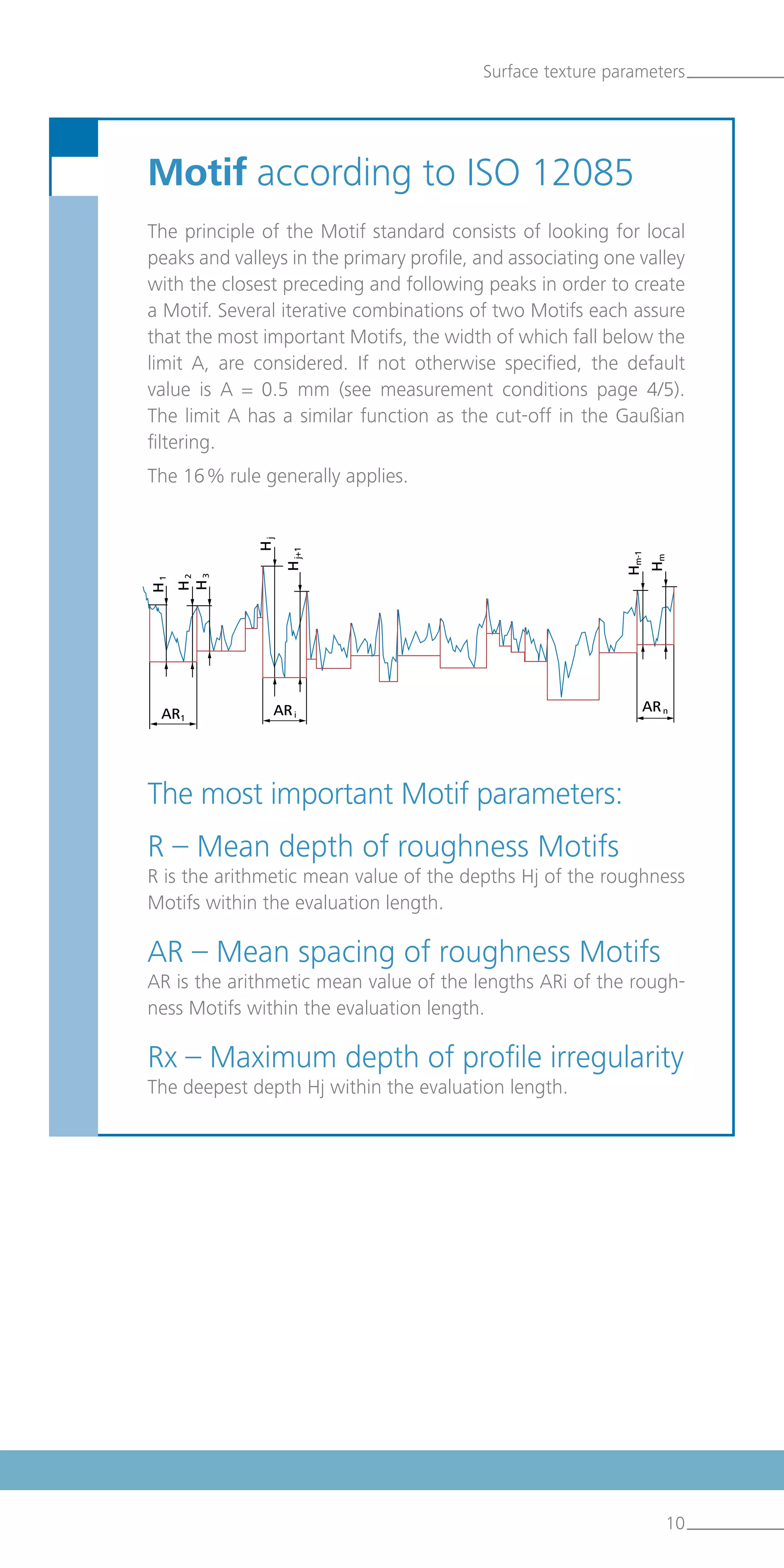 Surface texture parameters
Motif according to ISO 12085
The principle of the Motif standard consists of looking for local
peaks and valleys in the primary profile, and associating one valley
with the closest preceding and following peaks in order to create
a Motif. Several iterative combinations of two Motifs each assure
that the most important Motifs, the width of which fall below the
limit A, are considered. If not otherwise specified, the default
value is A = 0.5 mm (see measurement conditions page 4/5).
The limit A has a similar function as the cut-off in the Gaußian
filtering.
The 16 % rule generally applies.
10
The most important Motif parameters:
R – Mean depth of roughness Motifs
R is the arithmetic mean value of the depths Hj of the roughness
Motifs within the evaluation length.
AR – Mean spacing of roughness Motifs
AR is the arithmetic mean value of the lengths ARi of the rough-
ness Motifs within the evaluation length.
Rx – Maximum depth of profile irregularity
The deepest depth Hj within the evaluation length.
AR1
AR i
H 1
H 2
H 3
H j
H j+1
Hm-1
Hm
AR n
 