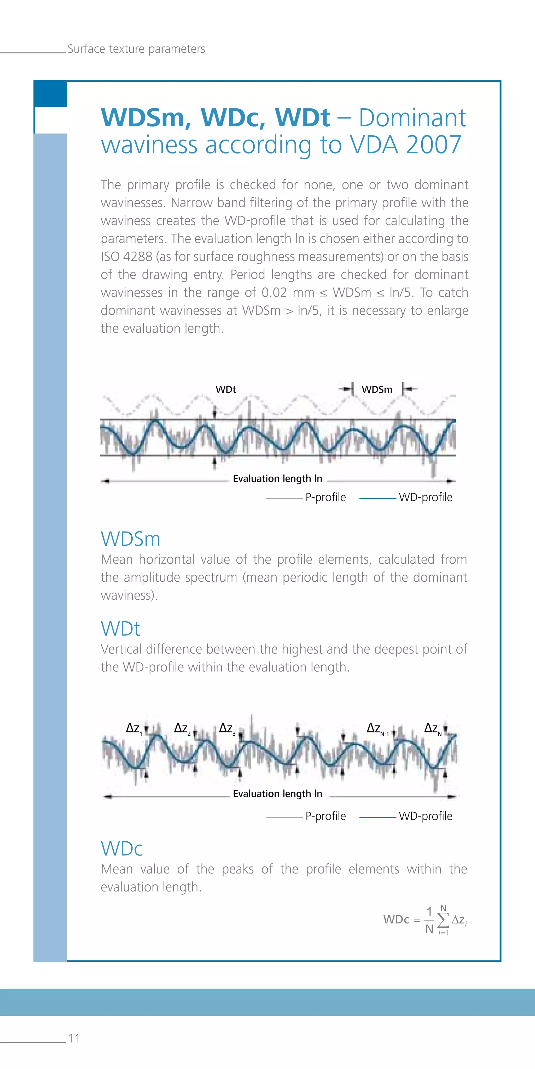 WDc
Mean value of the peaks of the profile elements within the
evaluation length.
Surface texture parameters
WDSm, WDc, WDt – Dominant
waviness according to VDA 2007
The primary profile is checked for none, one or two dominant
wavinesses. Narrow band filtering of the primary profile with the
waviness creates the WD-profile that is used for calculating the
parameters. The evaluation length ln is chosen either according to
ISO 4288 (as for surface roughness measurements) or on the basis
of the drawing entry. Period lengths are checked for dominant
wavinesses in the range of 0.02 mm ≤ WDSm ≤ ln/5. To catch
dominant wavinesses at WDSm  ln/5, it is necessary to enlarge
the evaluation length.
WDSm
Mean horizontal value of the profile elements, calculated from
the amplitude spectrum (mean periodic length of the dominant
waviness).
WDt
Vertical difference between the highest and the deepest point of
the WD-profile within the evaluation length.
11
P-profile WD-profile
WDt WDSm
Evaluation length ln
Evaluation length ln
∆Z1
∆Z2
∆Z3
∆ZN-1
∆ZN
P-profile WD-profile
 