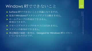 Windows RTでできないこと
 Surface RTでできないことと同義になりますが。
 従来のWindowsデスクトップアプリは動きません。
 ホームグループの作成はできません。
参加はできます。
 リモートデスクトップのホストにはなれません。
 ドメインの参加ができません。
 周辺機器の接続・使用は、Desiged for Windows RTロゴのつ
いているものだけです。
19
 