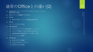 通常のOfficeとの違い(2)
 SkyDriveデスクトップアプリによるローカルファイルと
SkyDriveの同期
 数式エディタの編集ができません
 Word
 特定の言語バージョンのOffice文書の校正
 Excel
 データモデルの作成
 PowerPoint
 スライドライブラリのActiveXコントロール
 メディア作成(ビデオ)の旧形式の未サポート
 Adobe Flash Player用ビデオの挿入・再生
 ナレーションの録音
 OneNote
 音声とビデオの録画
 スキャナによるインポート
 音声とビデオの検索
23
 