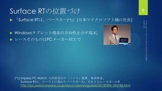 Surface RTの位置づけ
 「Surface RTは、ペースカー(*1)」(日本マイクロソフト樋口社長)
 Windowsタブレット端末の方向性を示す端末。
 レースそのものはPCメーカー同士で
9
(*1) impress PC Watch 大河原克行の「パソコン業界、東奔西走」
Surface RTは、コース上に現れたペースカーか、それともレースカーか?
http://pc.watch.impress.co.jp/docs/column/gyokai/20130304_590196.html
 