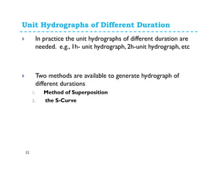 Unit Hydrographs of Different Duration
32
In practice the unit hydrographs of different duration are
needed. e.g., 1h- unit hydrograph, 2h-unit hydrograph, etc
Two methods are available to generate hydrograph of
different durations
1. Method of Superposition
2. the S-Curve
 