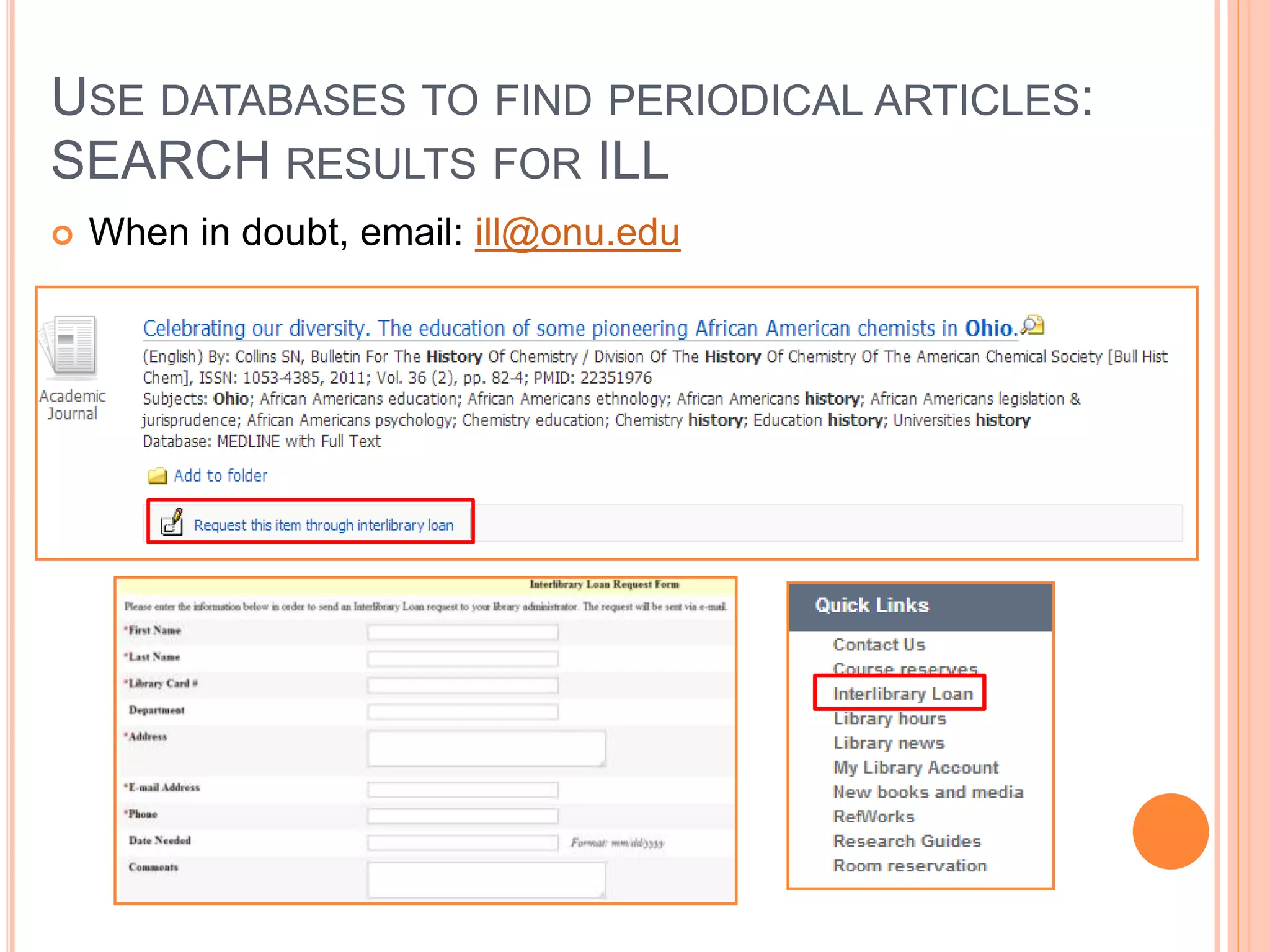 USE DATABASES TO FIND PERIODICAL ARTICLES:
SEARCH RESULTS FOR FIND IT @ ONU
 