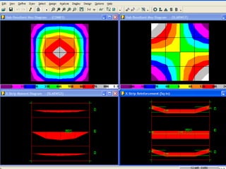 Investigate a square 6-in. (15 cm) concrete slab, 12 x 12 ft (3.66 x 3.66 m) in
size that carries a uniform load of 120 psf (5.75 kPa or kN/m2, COMB1),
that is a dead load of 75 psf (3.59 kPa) for its own weight (SLABDL taken
care by self weight) and an additional dead load 5 psf (0.24 kPa, TOPDL),
and a live load of 40 psf.(1.92 kPa, LIVE).
The concrete strength is 4000 psi (28 MPa) and the yield strength of the
reinforcing bars is 60 ksi (414 MPa). Solve the problem by using 2 x 2 ft
(0.61 x 0.61 m) plate elements.
Check the answers manually using approximations. Compare the various
slab systems that is study the effect of support location on force flow.
a. Assume one-way, simply supported slab action.
b. Assume a two-way slab, simply supported along the perimeter.
c. Assume the slab is clamped along the edges to approximate a continuous
interior two-way slab.
d. Assume flat plate action where the slab is simply supported by small
columns
at the four corners.
e. Assume cantilever plate action with four corner supports for a center bay
of 8x 8 ft (2.44 x 2.44 m).
 