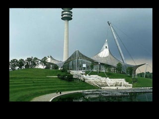 Tensile Membrane Structures
In contrast to traditional surface structures, tensile cablenet and textile
structures lack stiffness and weight. Whereas conventional hard and stiff
structures can form linear surfaces, soft and flexible structures must
form double-curvature anticlastic surfaces that must be prestressed (i.e.
with built-in tension) unless they are pneumatic structures. In other words,
the typical prestressed membrane will have two principal directions of
curvature, one convex and one concave, where the cables and/or yarn
fibers of the fabric are generally oriented parallel to these principal
directions. The fabric resists the applied loads biaxially; the stress in one
principal direction will resist the load (i.e. load carrying action), whereas the
stress in the perpendicular direction will provide stability to the surface
structure (i.e. prestress action). Anticlastic surfaces are directly
prestressed, while synclastic pneumatic structures are tensioned by air
pressure. The basic prestressed tensile membranes and cable net surface
structures are
 