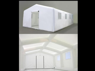 Air-supported structures
 high-profile ground-mounted air structures
 berm- or wall-mounted air domes
 low-profile roof membranes
Air-supported structures form synclastic, single-membrane structures, such
as the typical basic domical and cylindrical forms, where the interior is
pressurized; they are often called low-pressure systems because only a
small pressure is needed to hold the skin up and the occupants don’t notice
it. Pressure causes a convex response of the tensile membrane and suction
results in a concave shape.
The basic shapes can be combined in infinitely many ways and can be
partitioned by interior tensile columns or membranes to form chambered
pneus. Air-supported structures may be organized as high-profile ground-
mounted air structures, and berm- or wall-mounted, low-profile roof
membranes.
 