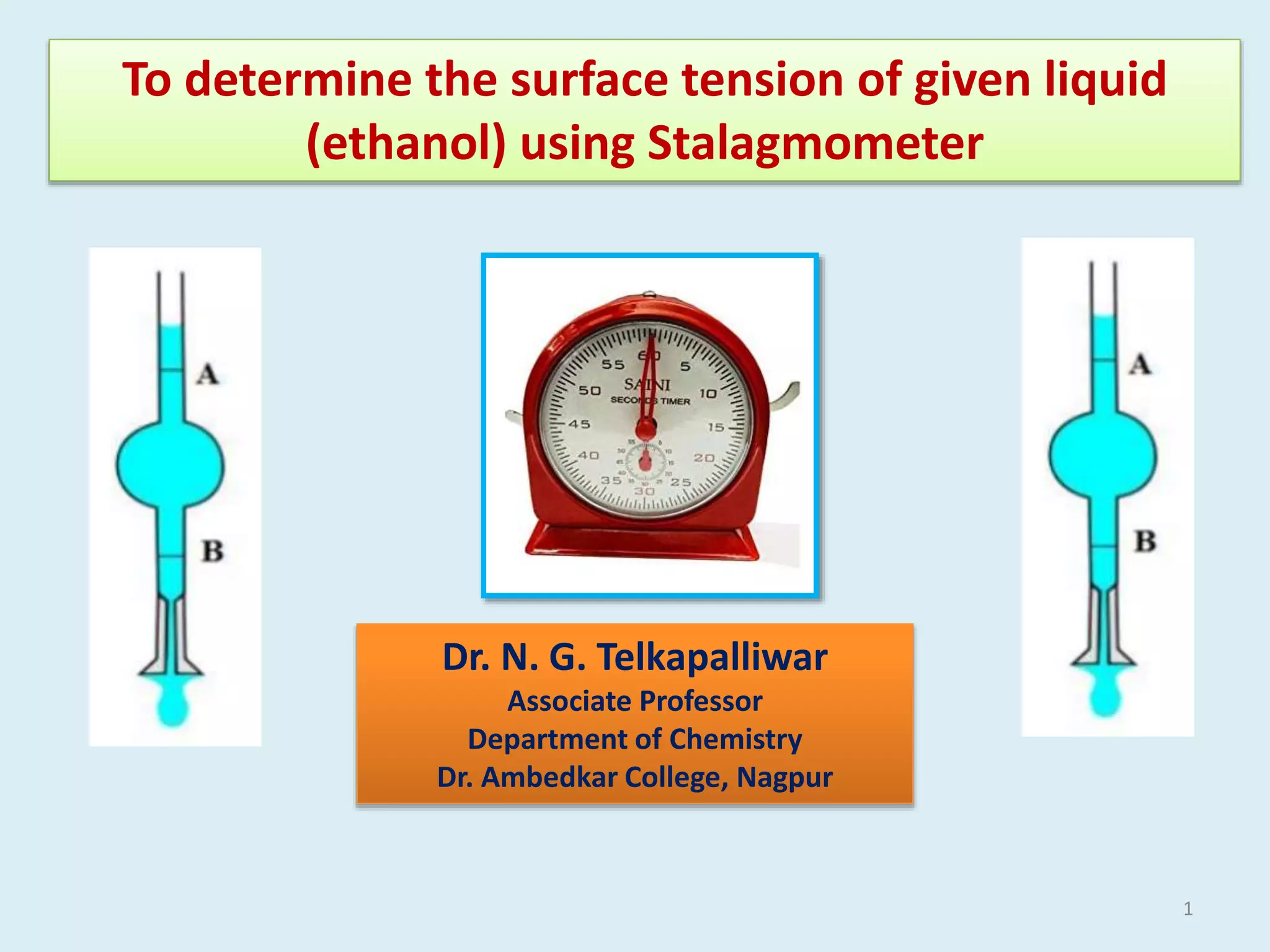 To determine the surface tension of given liquid using Stalagmometer. PPT