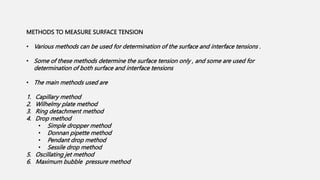 METHODS TO MEASURE SURFACE TENSION
• Various methods can be used for determination of the surface and interface tensions .
• Some of these methods determine the surface tension only , and some are used for
determination of both surface and interface tensions
• The main methods used are
1. Capillary method
2. Wilhelmy plate method
3. Ring detachment method
4. Drop method
• Simple dropper method
• Donnan pipette method
• Pendant drop method
• Sessile drop method
5. Oscillating jet method
6. Maximum bubble pressure method
 