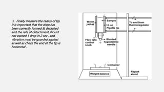 3. Finally measure the radius of tip.
It is important that the drop has
been correctly formed & detached
and the rate of detachment should
not exceed 1 drop in 2 sec , and
vibration must be guarded against
as well as check the end of the tip is
horizontal .
 