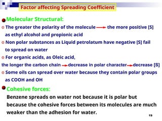 19
Factor affecting Spreading Coefficient
Molecular Structural:
o The greater the polarity of the molecule the more positive [S]
as ethyl alcohol and propionic acid
o Non polar substances as Liquid petrolatum have negative [S] fail
to spread on water
o For organic acids, as Oleic acid,
the longer the carbon chain decrease in polar character decrease [S]
o Some oils can spread over water because they contain polar groups
as COOH and OH
Cohesive forces:
Benzene spreads on water not because it is polar but
because the cohesive forces between its molecules are much
weaker than the adhesion for water.
 