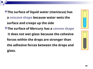 25
The surface of liquid water (meniscus) has
a concave shape because water wets the
surface and creeps up the side
The surface of Mercury has a convex shape
it does not wet glass because the cohesive
forces within the drops are stronger than
the adhesive forces between the drops and
glass.
 