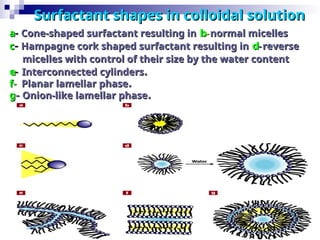 40
a
a-
- Cone-shaped surfactant resulting in
Cone-shaped surfactant resulting in b
b-
-normal micelles
normal micelles
c
c-
- Hampagne cork shaped surfactant resulting in
Hampagne cork shaped surfactant resulting in d
d-
-reverse
reverse
micelles with control of their size by the water content
micelles with control of their size by the water content
e
e-
- Interconnected cylinders
Interconnected cylinders.
.
f-
f- Planar lamellar phase
Planar lamellar phase.
.
g
g-
- Onion-like lamellar phase
Onion-like lamellar phase.
.
Surfactant shapes in colloidal solution
Surfactant shapes in colloidal solution
 
