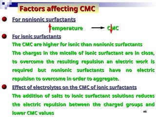 46
Factors affecting CMC
Factors affecting CMC
For nonionic surfactants
For nonionic surfactants
Temperature CMC
Temperature CMC
For ionic surfactants
For ionic surfactants
The CMC are higher for ionic than nonionic surfactants
The CMC are higher for ionic than nonionic surfactants
The charges in the micelle of ionic surfactant are in close,
The charges in the micelle of ionic surfactant are in close,
to overcome the resulting repulsion an electric work is
to overcome the resulting repulsion an electric work is
required but nonionic surfactants have no electric
required but nonionic surfactants have no electric
repulsion to overcome in order to aggregate.
repulsion to overcome in order to aggregate.
Effect of electrolytes on the CMC of ionic surfactants
Effect of electrolytes on the CMC of ionic surfactants
The addition of salts to ionic surfactant solutions reduces
The addition of salts to ionic surfactant solutions reduces
the electric repulsion between the charged groups and
the electric repulsion between the charged groups and
lower CMC values
lower CMC values
 
