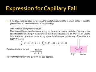  If the glass tube is dipped in mercury, the level of mercury in the tube will be lower than the
general level of the outside liquid as shown in Fig7
Let h = Height of depression in tube
Then in equilibrium, two forces are acting on the mercury inside the tube. First one is due
to surface tension acting in the downward direction and is equal to σ* π*d*cos Θ. Second
force is due to hydrostatic force acting upward and is equal to intensity of pressure at a
depth ‘h’ x Area
Equating the two, we get
Value of Θ for mercury and glass tube is 128 degrees.
Fig7
 