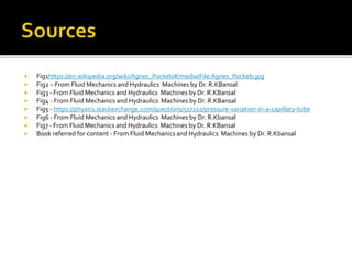  Fig1https://en.wikipedia.org/wiki/Agnes_Pockels#/media/File:Agnes_Pockels.jpg
 Fig2 – From Fluid Mechanics and Hydraulics Machines by Dr. R.KBansal
 Fig3 - From Fluid Mechanics and Hydraulics Machines by Dr. R.KBansal
 Fig4 - From Fluid Mechanics and Hydraulics Machines by Dr. R.KBansal
 Fig5 - https://physics.stackexchange.com/questions/517222/pressure-variation-in-a-capillary-tube
 Fig6 - From Fluid Mechanics and Hydraulics Machines by Dr. R.Kbansal
 Fig7 - From Fluid Mechanics and Hydraulics Machines by Dr. R.KBansal
 Book referred for content - From Fluid Mechanics and Hydraulics Machines by Dr. R.Kbansal
 