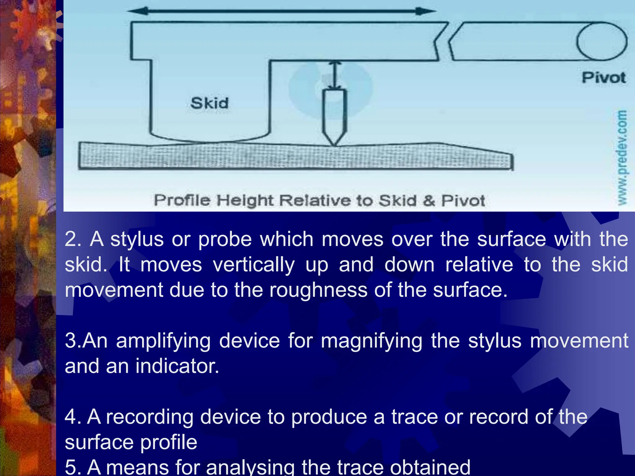 2. A stylus or probe which moves over the surface with the
skid. It moves vertically up and down relative to the skid
movement due to the roughness of the surface.
3.An amplifying device for magnifying the stylus movement
and an indicator.
4. A recording device to produce a trace or record of the
surface profile
5. A means for analysing the trace obtained
 