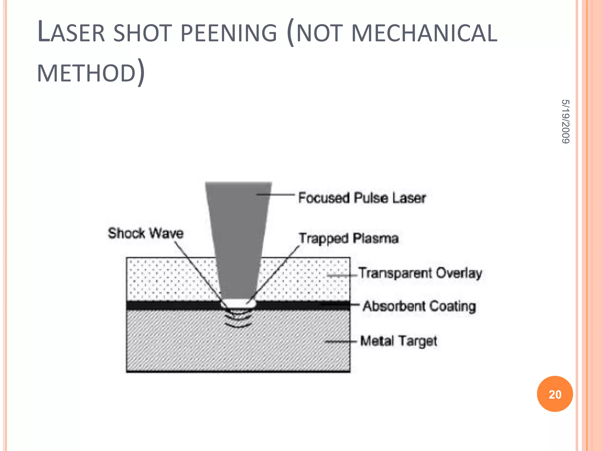 A- mechanical processes   The mechanical surface treatment is based on the elastic-plastic cold-working of the surface. The surface layers are work-hardened and residual compressive stresses are generated. The surface resistance against fatigue crack initiation and propagation, corrosion fatigue or friction fatigue increases significantly and therefore, improves the structural performance under cyclic loading. In addition to that, a reduced surface roughness due to the flattening of roughness peaks can be expected.5/19/200912