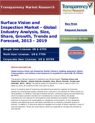 Transparency Market Research

Surface Vision and
Inspection Market - Global
Industry Analysis, Size,
Share, Growth, Trends and
Forecast, 2013 - 2019

Buy Now
Request Sample

Published Date: Dec 2013

Single User License: US $ 4795
Multi User License: US $ 7795

115 Pages Report

Corporate User License: US $ 10795
REPORT DESCRIPTION
Global Surface Vision and Inspection Market (Camera, Lighting equipment, Optics,
Frame grabber, and Software and hardware) is expected to reach USD 30.2 Billion
by 2019
Transparency Market Research is Published new Market Report "Surface Vision and
Inspection Market - Global Industry Analysis, Size, Share, Growth, Trends and
Forecast, 2013 - 2019," the global market is expected to reach a value of USD 2.31
billion by 2019, at a CAGR of 8.9% from 2013 to 2019.
Due to increasing need of improving manufacturing production capacity and growing
demand for international quality products from consumers, the demand for these systems is
rising globally. In addition, shortage of skilled workers, increasing wages and manufacturing
errors increases economic burdens on manufacturers. Owing to these, the global
manufacturers are seeking for automated process utilization and quality management
solutions to improve their sustainability in competitive environments. It also drastically
reduces manufacturing errors and helps manufacturer to maintain consistent quality of
product. In addition, it reduces production wastage and number of labors required in case of
manual inspection. These are some factors which are expected to increase the demand of
this market.

 