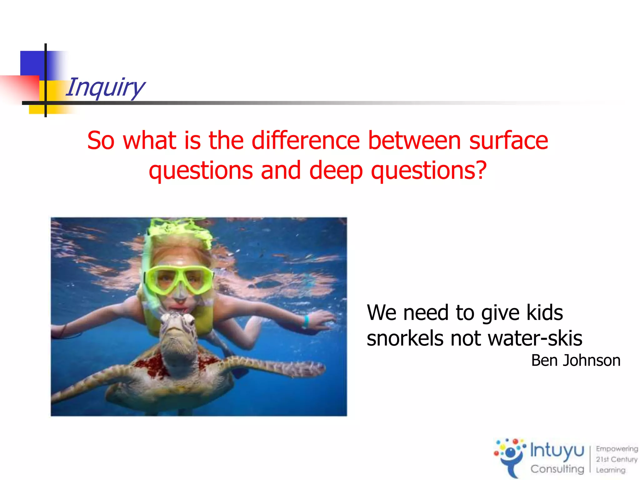Inquiry
So what is the difference between surface
questions and deep questions?
We need to give kids
snorkels not water-skis
Ben Johnson
 