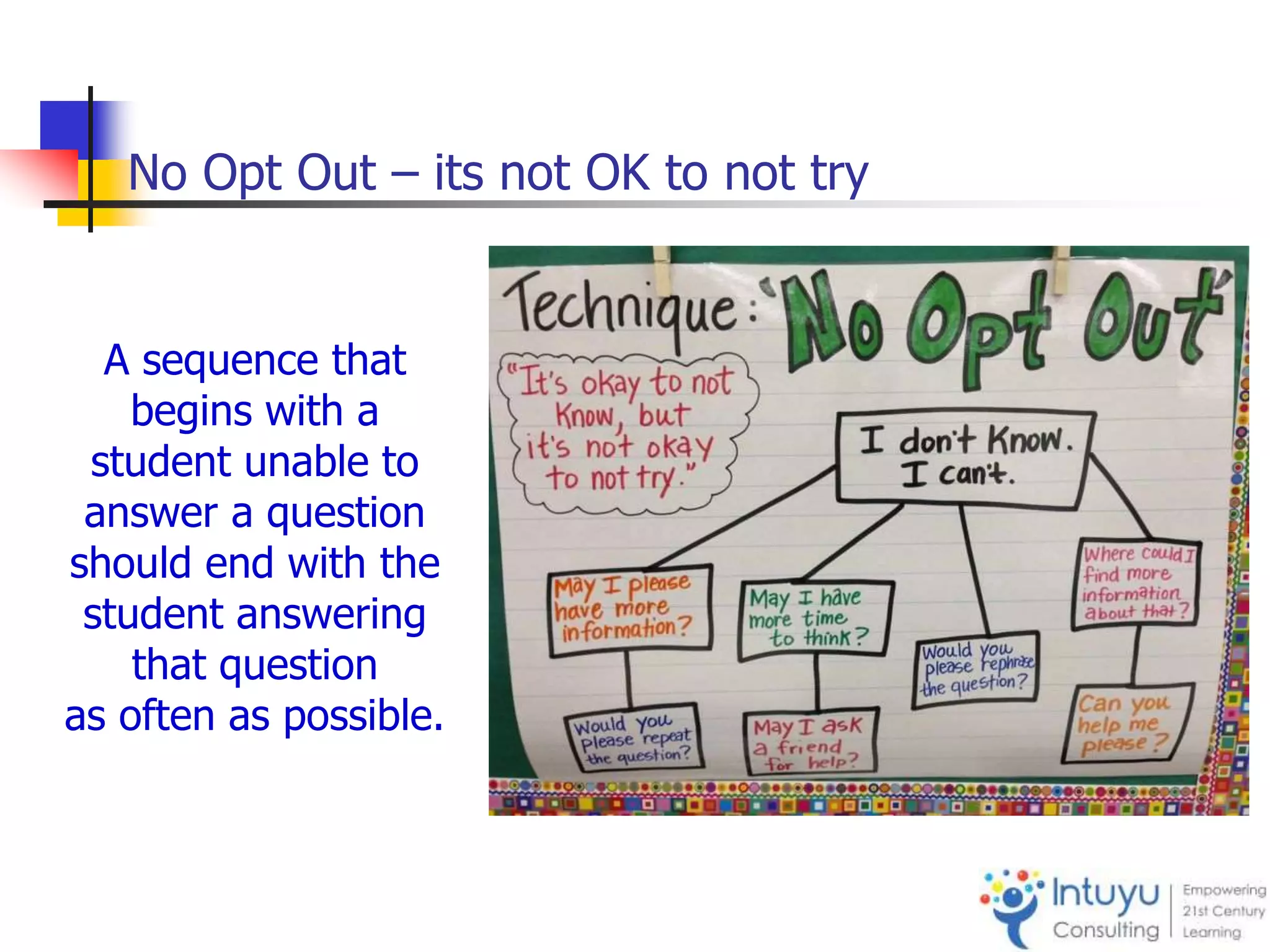 No Opt Out – its not OK to not try
A sequence that
begins with a
student unable to
answer a question
should end with the
student answering
that question
as often as possible.
 