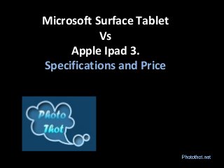Microsoft Surface Tablet
Vs
Apple Ipad 3.
Specifications and Price
 