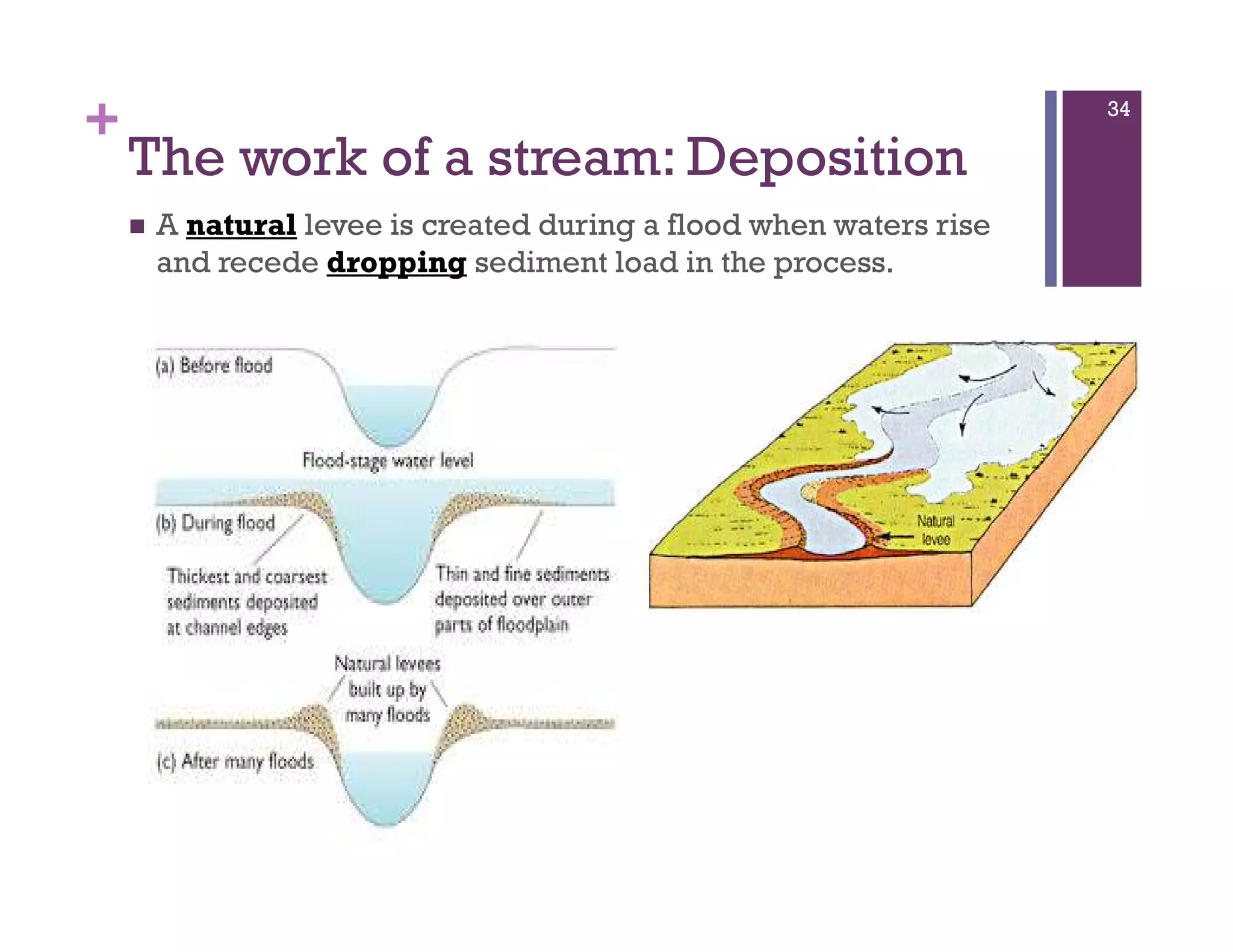 +
The work of a stream: Deposition
A natural levee is created during a flood when waters rise
and recede dropping sediment load in the process.
34
 