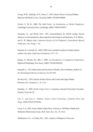 34



Ewing, W.M., Jardetzky, W.S., Press, F., 1957, Elastic Waves in Layered Media,
McGraw Hill Book Co Inc., Newyork, ISBN: 978-0070198609.


Fowler, C. M. R., 2005, The Solid Earth: An Introduction to Global Geophysics,
Cambridge University Press, Cambridge, ISBN: 9780521893077.


Gucunski, N., and Wood, R.D., 1991, Instrumentation for SASW testing, Recent
advances in instrumentation, data acquisition and testing in soil dynamics, S. K. Bhatia
and G. W. Blaney (eds.), American Society of Civil Engineers, Geotechnical Special
Publication. No. 29, pp. 1–16.


Hayashi, K. ve Suzuki, H., 2004, CMP cross-correlation analysis of multi-channel
surface-wave data, Exploration Geophysics, 35, 7–13.


Kearey, P., Brooks, M., Hill, I., 2002, An Introduction to Geophysical Exploration,
Blackwell Publishing, New Jersey, ISBN: 978-0632049295.


Knopoff, L., 1972, Observation and Inversion of Surface Wave Problems, Bulletin of
the Seismological Society of America, 54, 431-438.


Kovach, R.L., 1978, Seismic Surface Waves and Crustal and Upper Mantle
Structure, Rev. Geophysics., 16, 1-14.


Kurtuluş, C., 2002. Sismik Arama Teori ve Uygulama, Kocaeli Üniversitesi Yayınları,
Kocaeli, Yayın No:55.


Lay, T., and Terry C., Wallace, Modern Global Seismology, Academic Press, San
Diego, ISBN 978-0127328706.


Louie, J. N., 2001, Faster, Better: Shear-Wave Velocity to 100 Meters Depth from
Refraction Microtremor arrays, Bull. Seism. Soc. Am., 91, No:2.


McMechan, G.A., ve Yeldin, M.J., 1981, Analysis of Dispersive Waves by
 