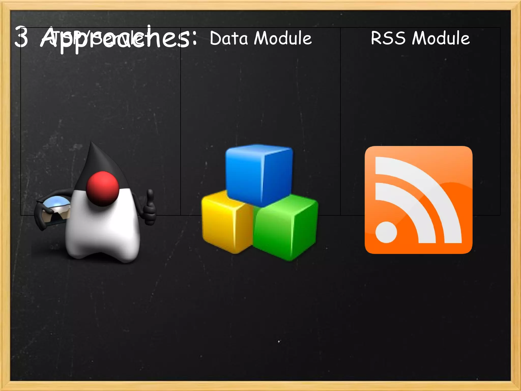 3 Approaches: JSP/Servlet Data Module RSS Module 