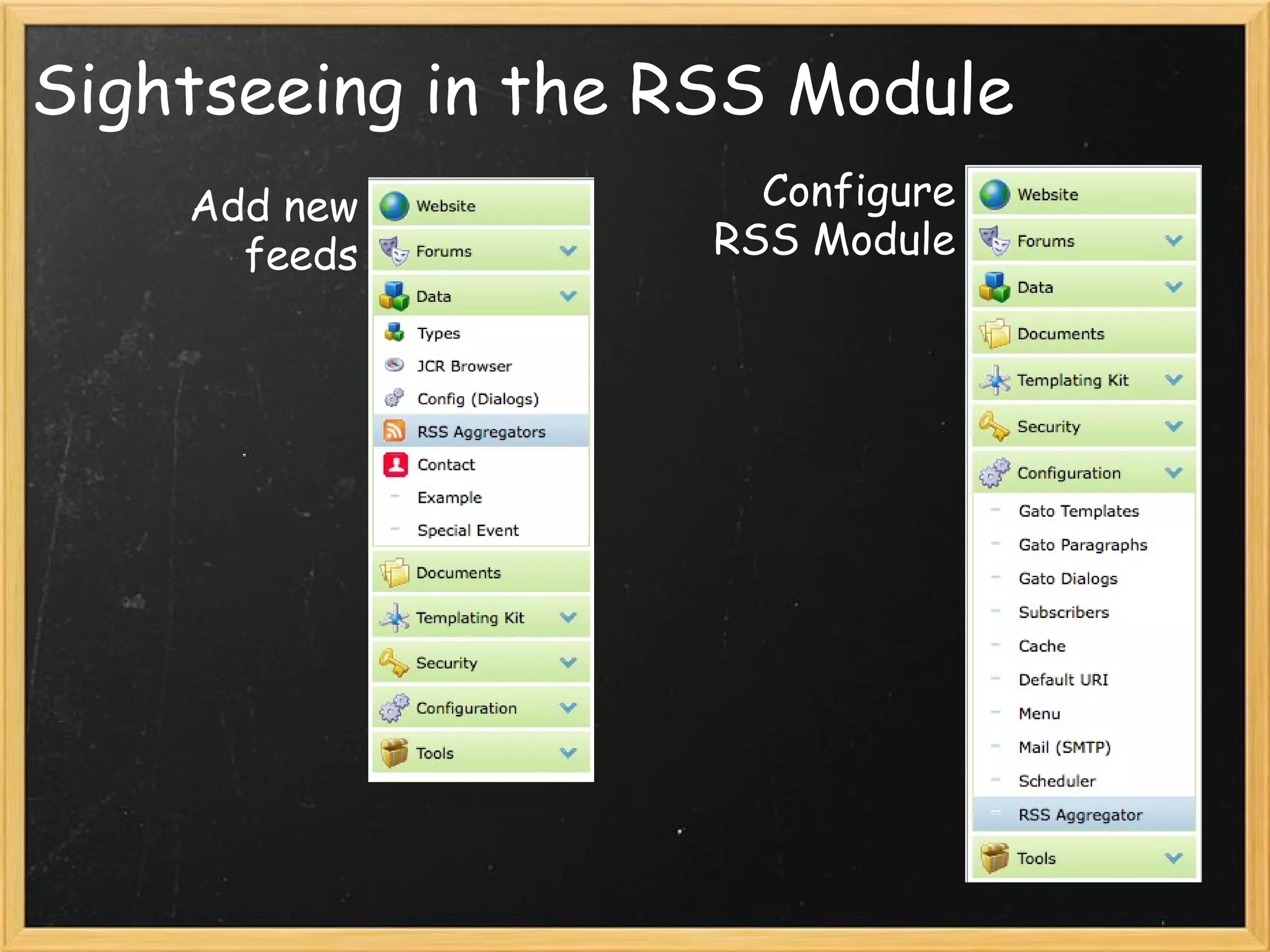 Sightseeing in the RSS Module Add new feeds Configure RSS Module 