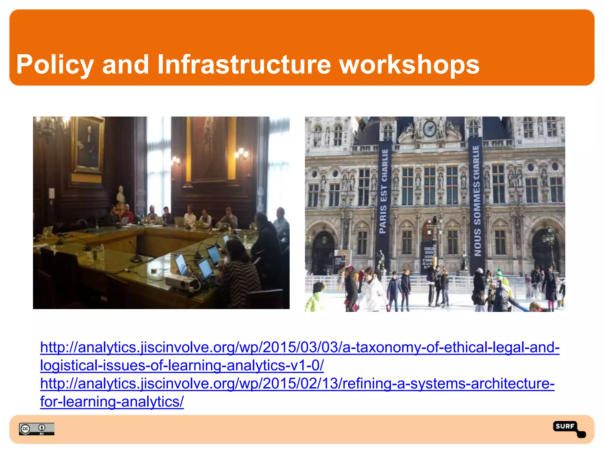 Policy and Infrastructure workshops
http://analytics.jiscinvolve.org/wp/2015/03/03/a-taxonomy-of-ethical-legal-and-
logistical-issues-of-learning-analytics-v1-0/
http://analytics.jiscinvolve.org/wp/2015/02/13/refining-a-systems-architecture-
for-learning-analytics/
 