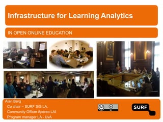 IN OPEN ONLINE EDUCATION
Infrastructure for Learning Analytics
Alan Berg
Co chair – SURF SiG LA,
Community Officer Apereo LAI
Program manager LA - UvA
 