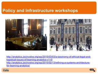 Policy and Infrastructure workshops
http://analytics.jiscinvolve.org/wp/2015/03/03/a-taxonomy-of-ethical-legal-and-
logistical-issues-of-learning-analytics-v1-0/
http://analytics.jiscinvolve.org/wp/2015/02/13/refining-a-systems-architecture-
for-learning-analytics/
 