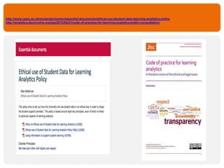 http://www.open.ac.uk/students/charter/essential-documents/ethical-use-student-data-learning-analytics-policy
http://analytics.jiscinvolve.org/wp/2015/04/21/code-of-practice-for-learning-analytics-public-consultation/
 