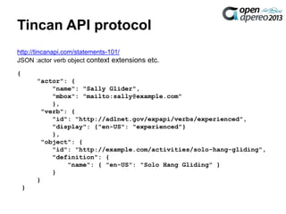 Tincan API protocol
http://tincanapi.com/statements-101/
JSON :actor verb object context extensions etc.
{
"actor": {
"name": "Sally Glider",
"mbox": "mailto:sally@example.com"
},
"verb": {
"id": "http://adlnet.gov/expapi/verbs/experienced",
"display": {"en-US": "experienced"}
},
"object": {
"id": "http://example.com/activities/solo-hang-gliding",
"definition": {
"name": { "en-US": "Solo Hang Gliding" }
}
}
}
 