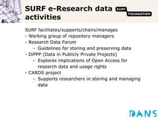 SURF e-Research data activities SURF facilitates/supports/chairs/manages Working group of repository managers Research Data Forum Guidelines for storing and preserving data DiPPP (Data in Publicly Private Projects) Explores implications of Open Access for research data and usage rights CARDS project Supports researchers in storing and managing data 