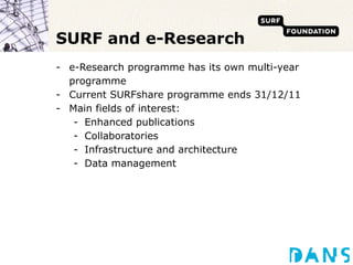 SURF and e-Research e-Research programme has its own multi-year programme Current SURFshare programme ends 31/12/11 Main fields of interest: Enhanced publications Collaboratories Infrastructure and architecture Data management 