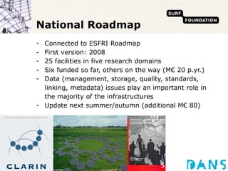 National Roadmap Connected to ESFRI Roadmap First version: 2008 25 facilities in five research domains Six funded so far, others on the way (M€ 20 p.yr.) Data (management, storage, quality, standards, linking, metadata) issues play an important role in the majority of the infrastructures Update next summer/autumn (additional M€ 80) 